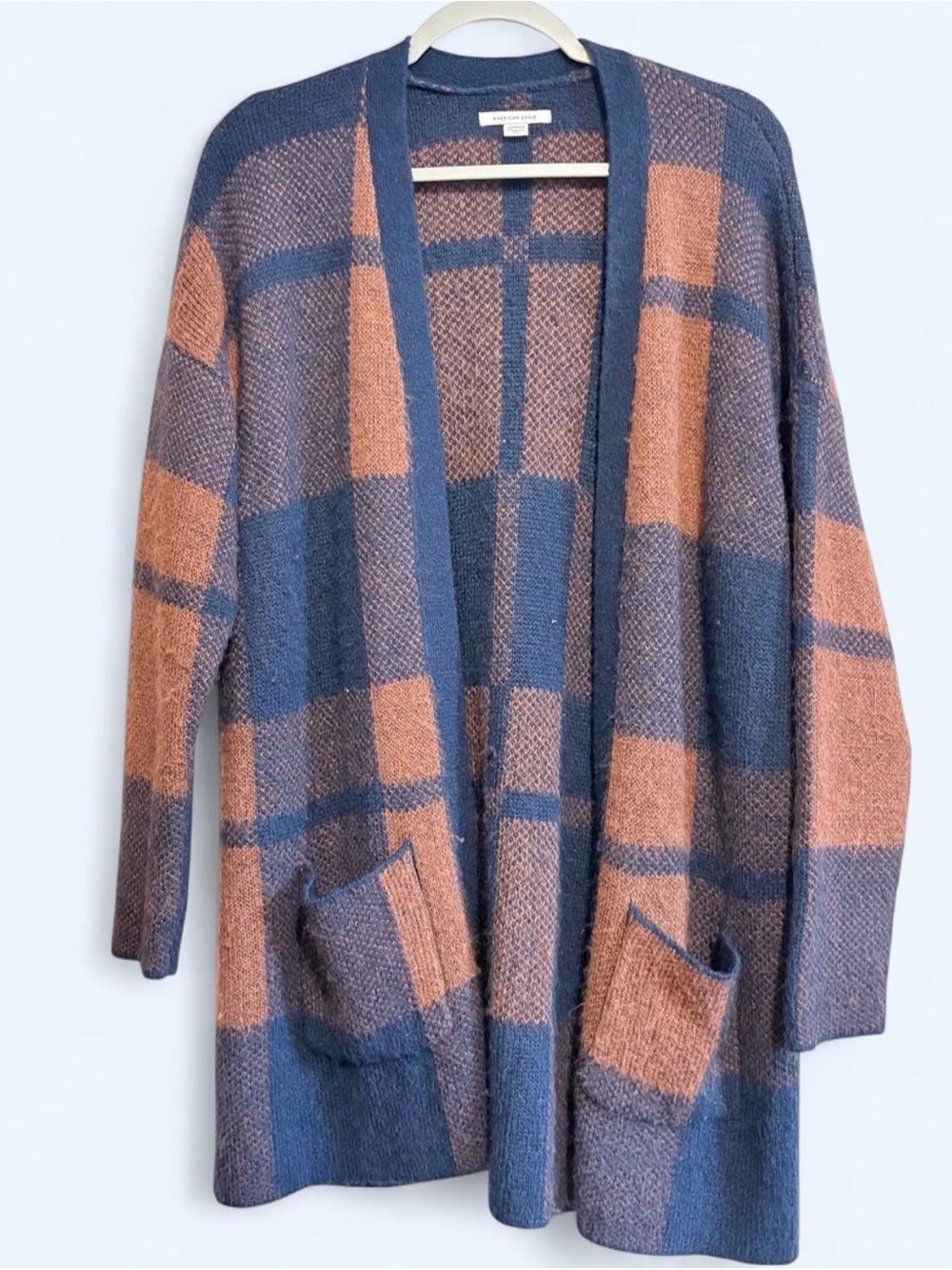 American Eagle Open-Front Plaid Cozy Cardigan Sweater - Blue & Brown